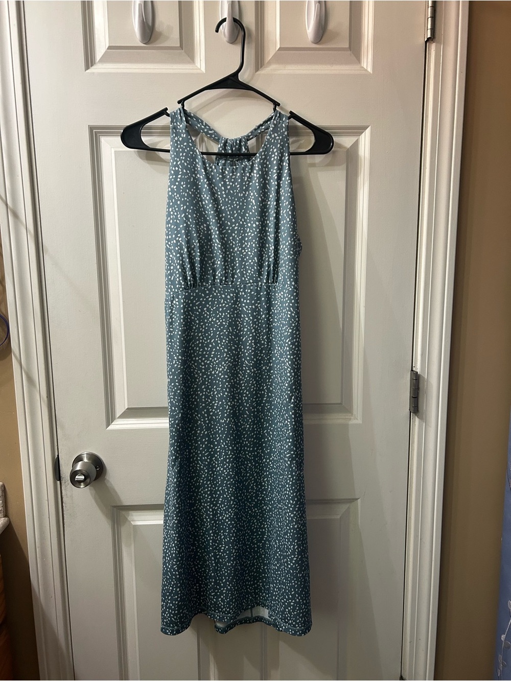 Prana Teal Sleeveless Halter Maxi Dress with White Dot Print and side pockets.